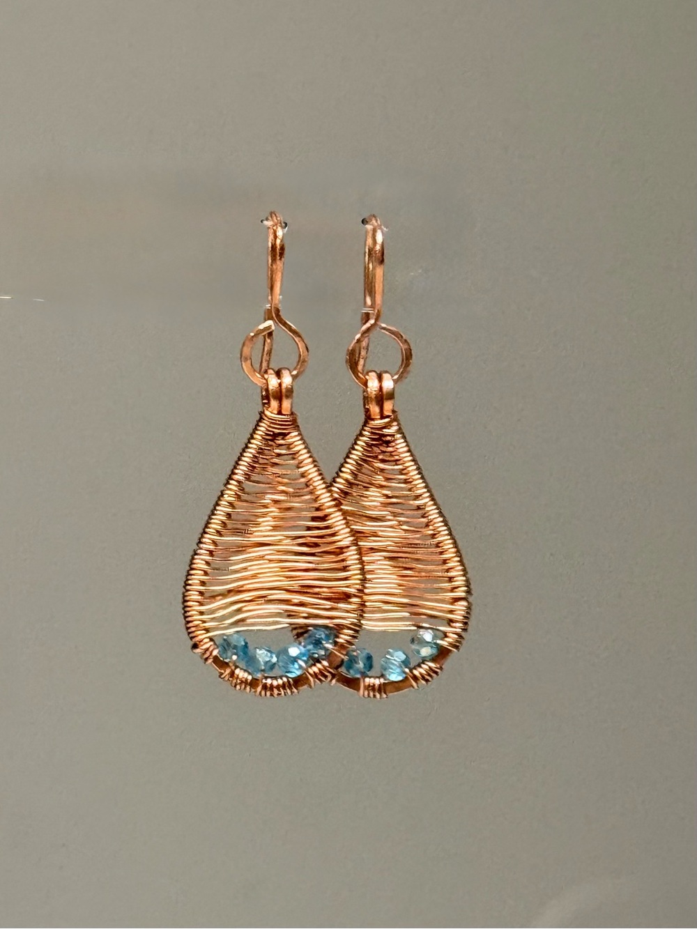 Basket-Weave Boho Teardrop Dangle Earrings with Light Blue Crystal Accents